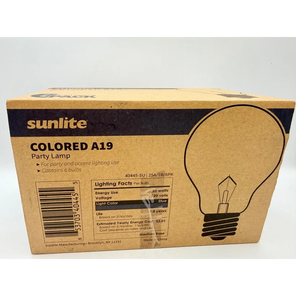Sunlite 25W A19 Transparent Blue Party Lamp E26 Base 6 Pack 40445-SU NEW